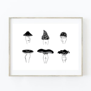 Può includere: Sei illustrazioni in bianco e nero di funghi con figure umane. Ogni fungo ha una forma e una texture diverse.