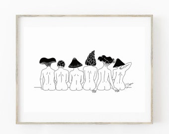 Arte de hongos, espalda de Pink Floyd, arte de hongos lindos, mujer desnuda, decoración minimalista del hogar, arte divertido para el dormitorio, imprimible de hongos, arte lineal