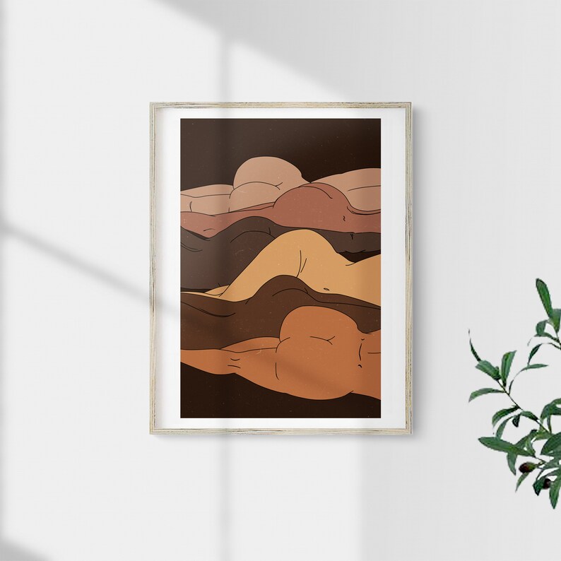 May include: A digital illustration of four figures with different skin tones, lying on top of each other in a layered, abstract design. The figures are outlined in black and filled with shades of brown, orange, and yellow.