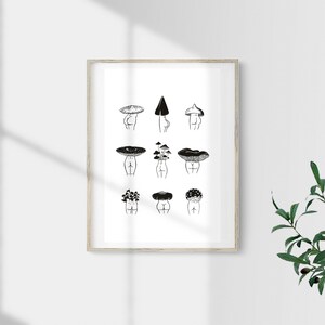 Pode incluir: Impress&atilde;o em preto e branco de arte linear de nove figuras com chap&eacute;us de cogumelos como cabe&ccedil;as. As figuras est&atilde;o todas voltadas para a frente e t&ecirc;m um estilo simples e minimalista.