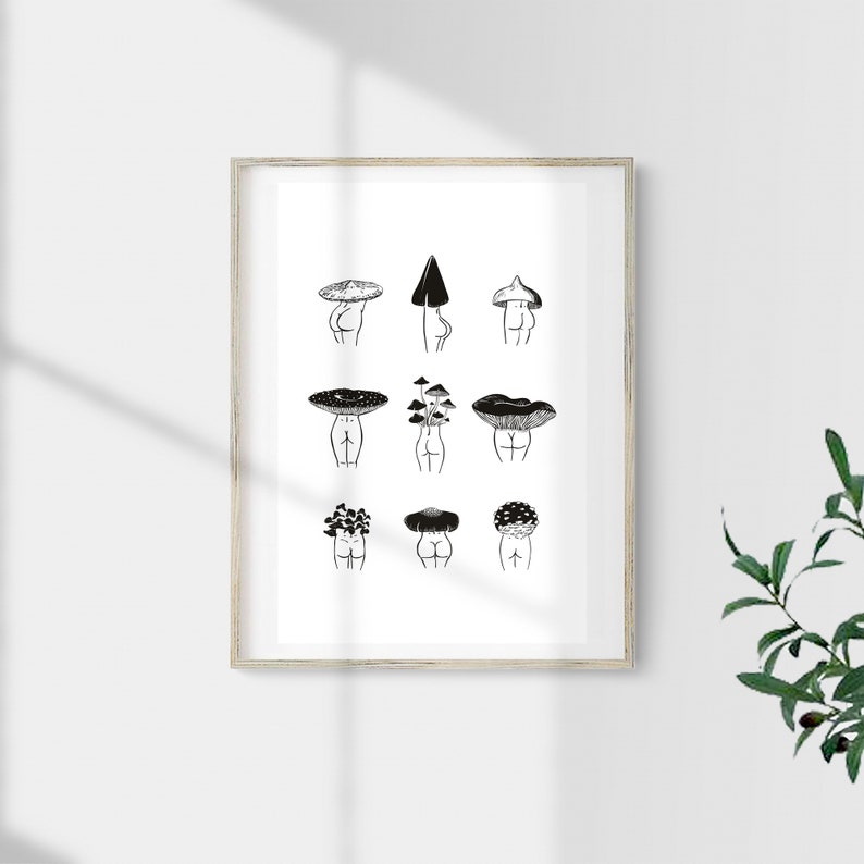 Pode incluir: Impress&atilde;o em preto e branco de arte linear de nove figuras com chap&eacute;us de cogumelos como cabe&ccedil;as. As figuras est&atilde;o todas voltadas para a frente e t&ecirc;m um estilo simples e minimalista.