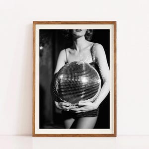 Disco Diva Monochrome Photo, Woman Embracing Mirror Ball, Vintage Nightclub Wall Art, 70s Glam Feminist Print, Retro Dance Decor Gift