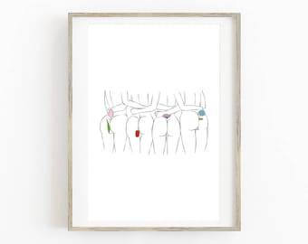 Arte engraçada de bumbum, flores e bumbum, bumbum bonito, arte minimalista, arte de linhas corporais, arte feminista, arte engraçada para banheiro, impressão corporal, decoração de parede