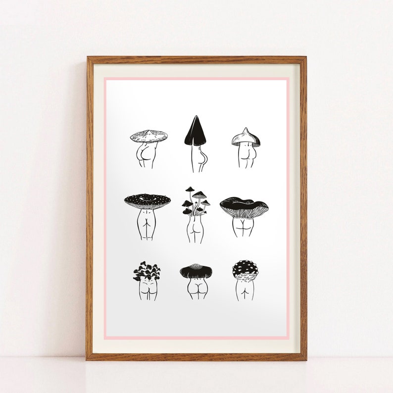 Pode incluir: Uma ilustra&ccedil;&atilde;o em preto e branco de nove figuras diferentes com chap&eacute;us de cogumelos na cabe&ccedil;a. As figuras est&atilde;o todas de costas para o observador e s&atilde;o desenhadas em um estilo simples e minimalista.