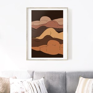 May include: Abstract art print featuring five overlapping figures in various shades of brown, creating a layered and textured effect. The figures are depicted in a reclining pose, with their bodies forming a wave-like pattern.