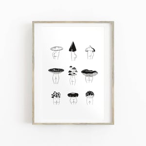 Puede incluir: Un dibujo en blanco y negro de nueve figuras con sombreros de setas sobre sus cabezas. Las figuras están todas de frente y tienen un diseño simple y estilizado.