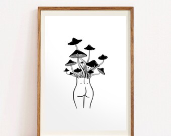 Arte de Cogumelo em Formato de Bumbum, Arte de Bumbum, Arte de Cogumelo, Arte Fofa para Banheiro, Bumbum Bonito, Bumbum Engraçado, Decoração de Parede para Quarto, Autoestima Positiva, Arte Boho para Imprimir