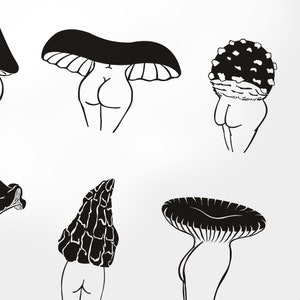 Pu&ograve; includere: Illustrazione in bianco e nero di linea d'arte di vari funghi con corpi umani. I funghi sono disegnati in modo stilizzato, con i cappelli dei funghi che formano le teste delle figure.