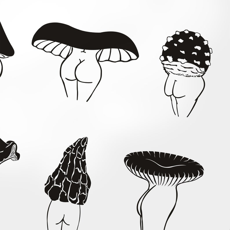 Pu&ograve; includere: Illustrazione in bianco e nero di linea d'arte di vari funghi con corpi umani. I funghi sono disegnati in modo stilizzato, con i cappelli dei funghi che formano le teste delle figure.