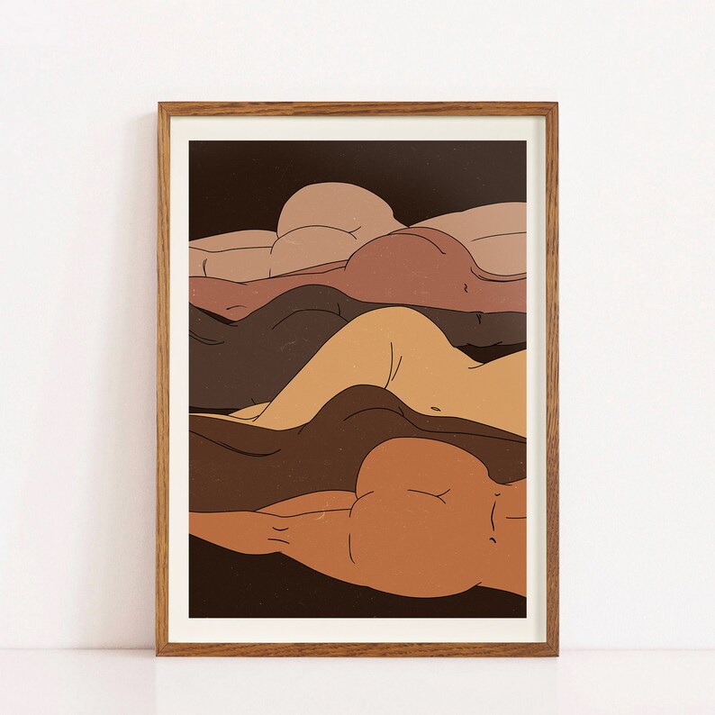 May include: Abstract art print featuring a layered design of five nude figures in various shades of brown, beige, and tan. The figures are arranged in a stacked formation, creating a sense of depth and dimension.