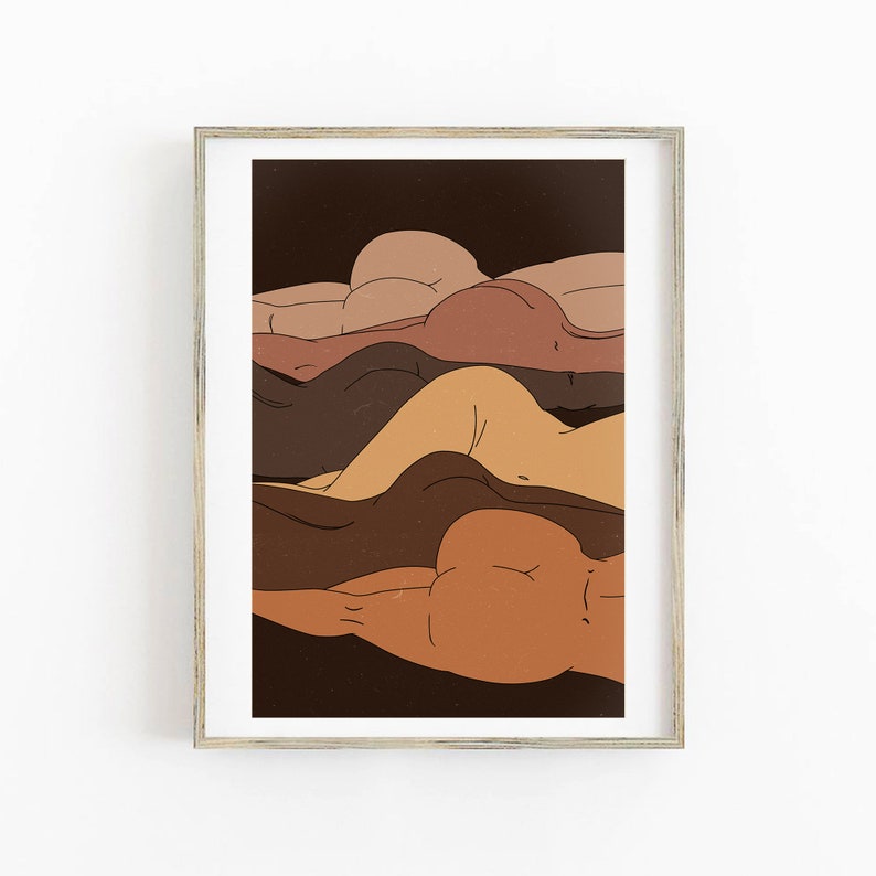 May include: Abstract art print featuring five overlapping nude figures in various shades of brown, creating a layered effect. The figures are depicted in a reclining pose, with their bodies forming a series of undulating curves.