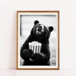 Vintage Style Bear with Popcorn, Black White Photo, Quirky Animal Wall Art for Man Cave, Funny Wildlife Photography Print, Digital AI Art