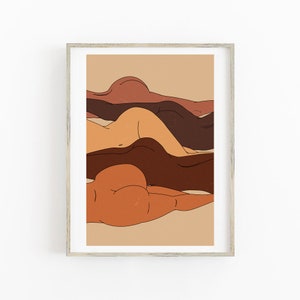 May include: Abstract art print featuring a layered design of five nude figures with different skin tones, lying on top of each other. The background is a light brown color.