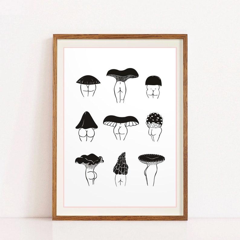 Sedere a fungo, Arte del sedere carino, Arte del fungo, Bel sedere, Arte divertente del bagno, Fungo stampabile, Bel sedere, Decorazione artistica da parete, Arte divertente della camera da letto immagine 3