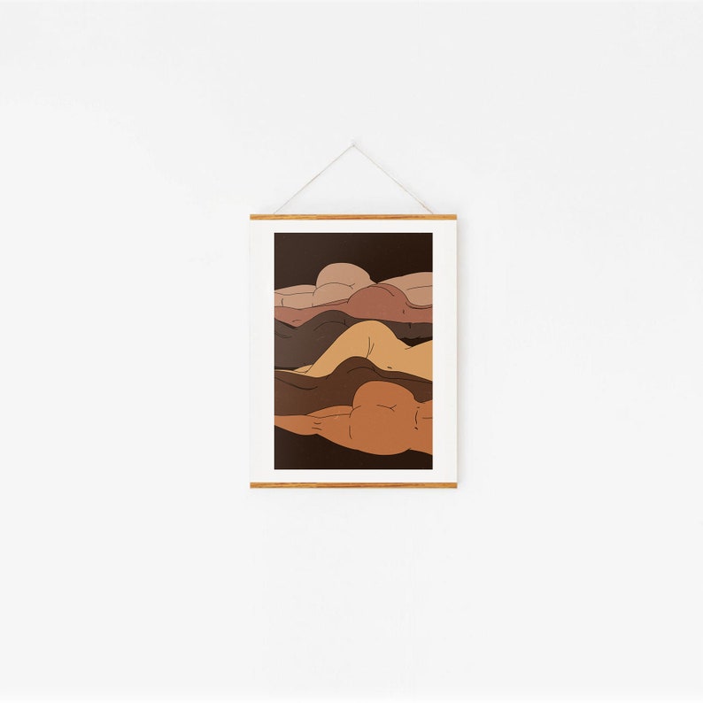 May include: Abstract art print featuring five overlapping figures in shades of brown, beige, and peach. The figures are layered on top of each other, creating a sense of depth and movement.