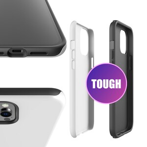 May include: A white phone case with a black bumper and a camera cutout. The case is shown in different angles, including a close-up of the camera cutout. The text "TOUGH" is displayed on a purple and pink gradient circle.