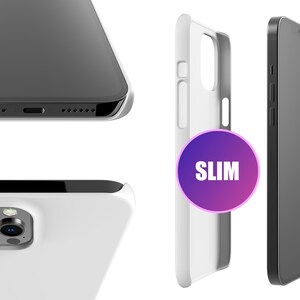 May include: A white phone case with a black phone inside. The case is slim and has a raised camera bump. The phone is a modern smartphone with a black screen.