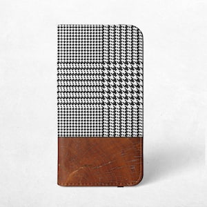 Étui portefeuille en pied-de-poule et bois pour iPhone 16, 15, 14, 13 Pro Max, 15, Plus, 13, 12 Mini, 11, Samsung S24, S23 Ultra, S22, S21 Plus, Note