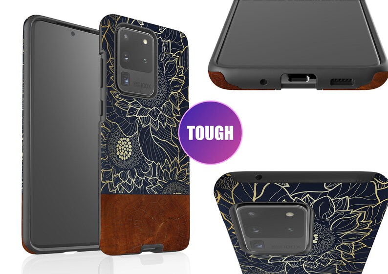 May include: A black phone case with a gold floral design and a brown leather accent. The case is labeled "TOUGH".