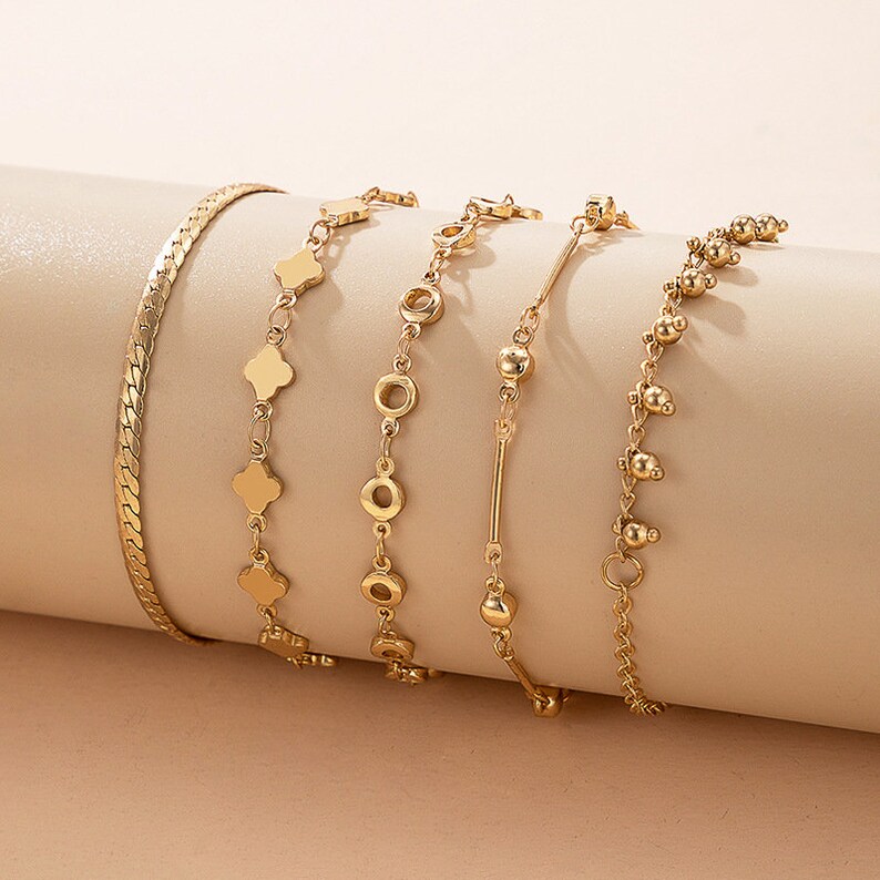 Stacking Bangle Bracelets Jewelry 5 Piece Chain Bracelet Set Simple Design Gold Tone Bracelets Women Bracelet