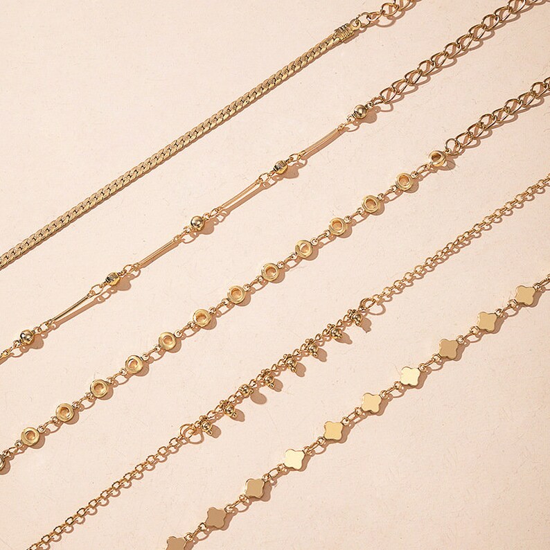 Stacking Bangle Bracelets Jewelry 5 Piece Chain Bracelet Set Simple Design Gold Tone Bracelets Women Bracelet