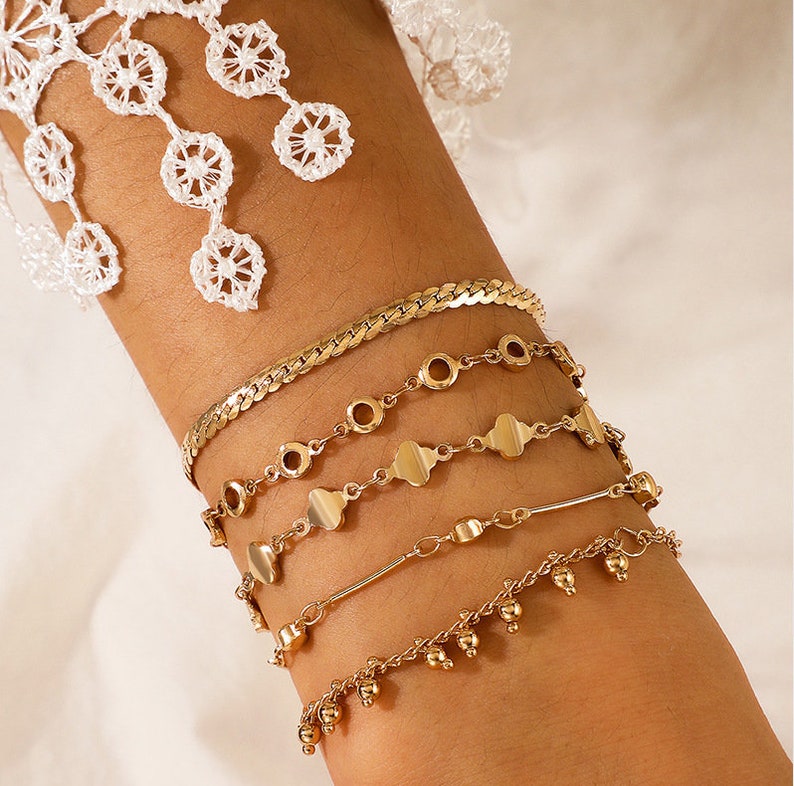 Stacking Bangle Bracelets Jewelry 5 Piece Chain Bracelet Set Simple Design Gold Tone Bracelets Women Bracelet
