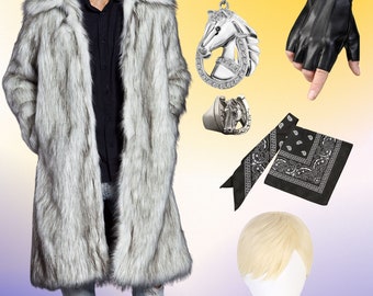 Men's Fur Coat Full Costume Outfit for DIY Cosplay Halloween Party, Fingerless Faux Leather Gloves, Horseshoe Necklace Ring, Bandana