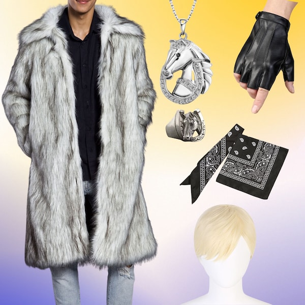 Men's Fur Coat Full Costume Outfit for DIY Cosplay Halloween Party, Fingerless Faux Leather Gloves, Horseshoe Necklace Ring, Bandana