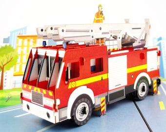 Fire Truck, Children&#39;s Birthday Card, Birthday Card, Boy&#39;s Birthday Card, Pop Up Greeting Card, 3D Christmas Card