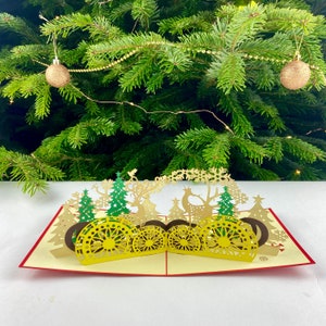 Cerfs Dorés Et Sapins- Carte Noël-Carte De Voeux 3d-Cadeau Noël 3d-Carte Pop Up|Carte De Félicitations 3d