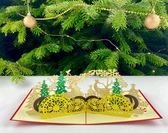Cerfs Dorés Et Sapins- Carte Noël-Carte De Voeux 3d-Cadeau Noël 3d-Carte Pop Up|Carte De Félicitations 3d