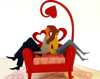 Love Sofa, 3D Pop-Up Couple Card, Handmade Valentine's Day Card, Romantic Gift, Anniversary Card for Lovers, Greeting Card