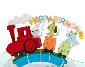 Aniversário de animal de trem, cartão pop-up, cartão de aniversário, cartão de aniversário infantil, cartão de felicitações, pop-up, cartão de Natal