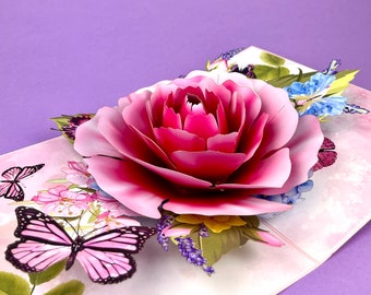 Roses & Butterflies, 3D Pop-Up Flower Card, Handmade Birthday Card for Women, Floral Gift, Mother's Day Card, Greeting Card