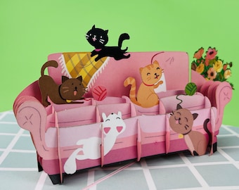 Sofá de gato, tarjeta emergente, tarjeta de cumpleaños para niños, tarjeta de felicitación, tarjeta de Navidad
