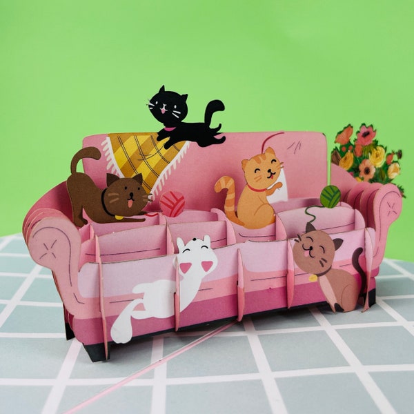 Chat Sofa, Carte Pop Up, Carte Anniversaire Enfant, Carte De Voeux, Carte De Noël