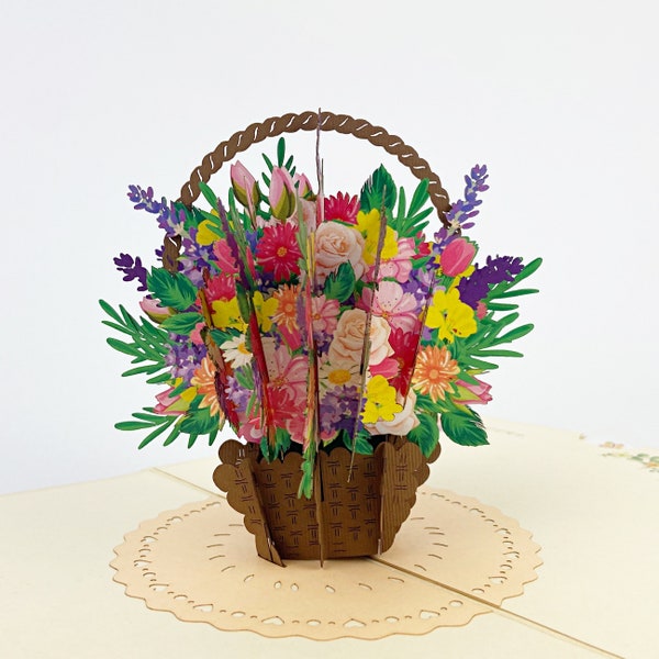 Panier de Fleurs, Carte anniversaire, Carte pop up, Carte de fête des mères, Carte anniversaire 3d, Carte anniversaire femme, Carte de Noel