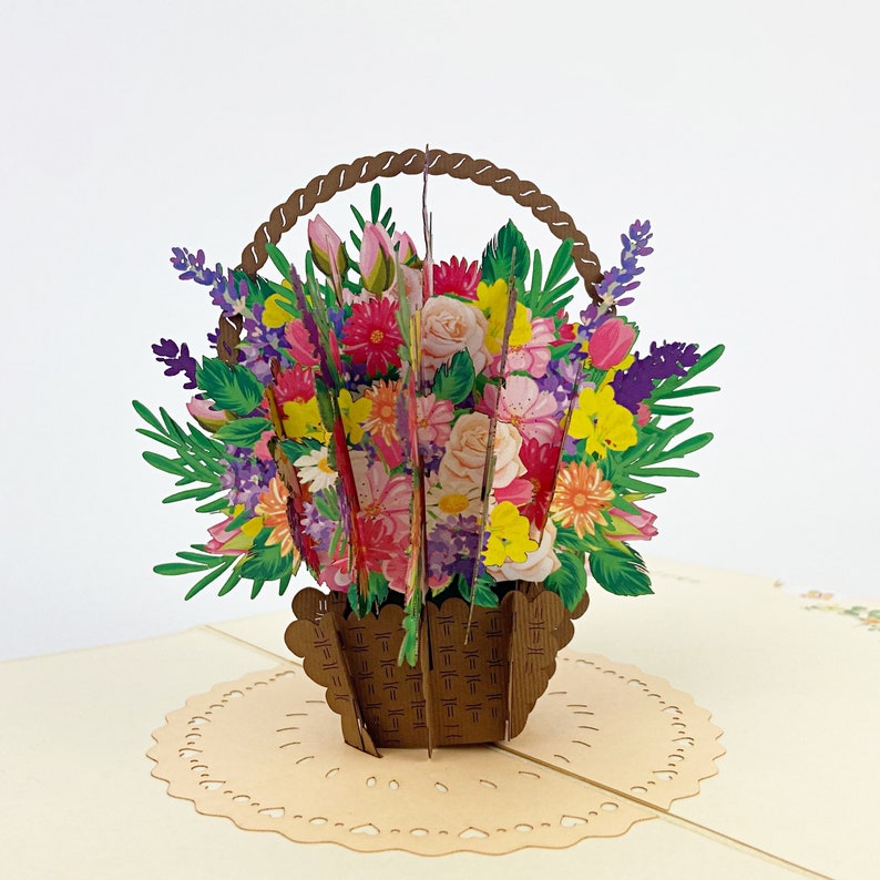 Panier de Fleurs, Carte anniversaire, Carte pop up, Carte de fête des mères, Carte anniversaire 3d, Carte anniversaire femme, Carte de Noel image 1