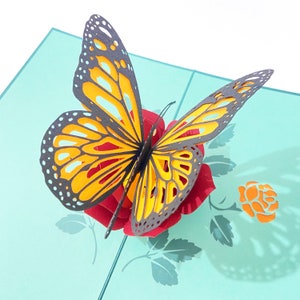 Mariposa monarca y árbol de rosas, tarjeta de cumpleaños para niños, tarjeta emergente, tarjeta de cumpleaños de mujer, tarjeta de cumpleaños 3D