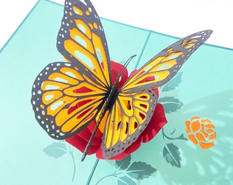 Papillon Monarque et Rosier, Carte anniversaire enfant, Carte Pop Up, Carte anniversaire femme, carte anniversaire 3D