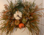 Fall front door wreath, wild and wispy front door wreath, cream green, orange pumpkins, autumn wreath, fall colors wreath, large fall wreath