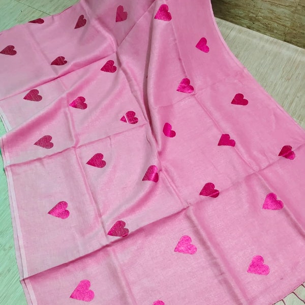 Handwoven 100% Pure Linen Saree With Blouse Piece/100 Count Linen/ Embroidery Work Saree/Bhagalpuri Saree