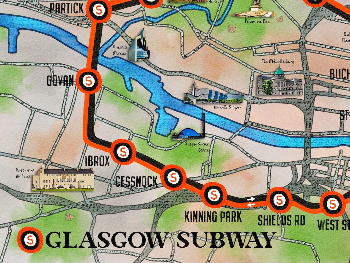 Glasgow Subway Map Art Print, Illustrated Underground Map Gift - Etsy