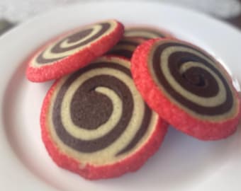 Chocolate Vanilla Swirl Cookies with Red Sugar Edges. Handmade, Large 3–4”