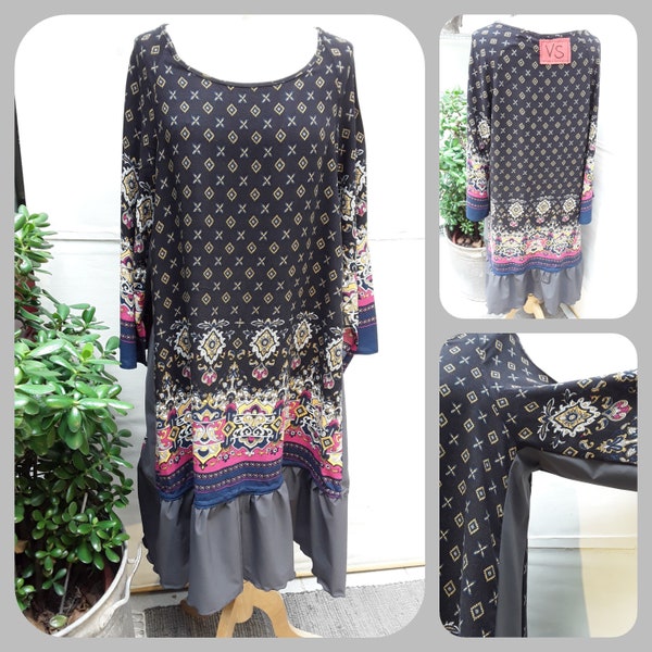 Art to wear, Longsleeve/Lagenlook TunikaUpcycling Boho/Hippie Dress/Kleid,Gr.40-42, Rüschen