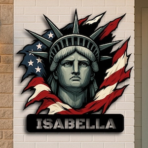 Metalen bord Lady Liberty Amerikaanse vlag: patriottische muurkunst buiten
