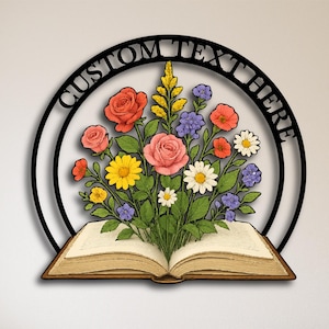 Personalized Floral Book Metal Wall Art - Custom Name Metal Sign, Book Lover Gift, Library Decor, Teacher Gift, Floral Metal Sign