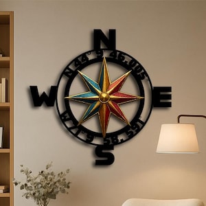 Custom Compass Metal Wall Art: Personalized Coordinates, Nautical Decor