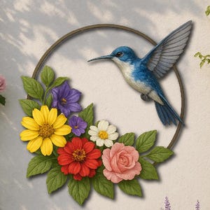 Hummingbird Metal Wall Art: Floral Circle, Garden Decor