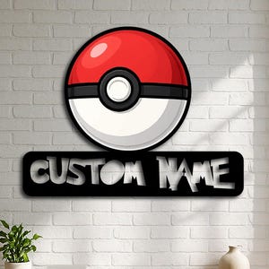 Gepersonaliseerde rood-witte metalen wandbord monsterbal – aangepaste naam gamer - decoratie voor verzamelaars